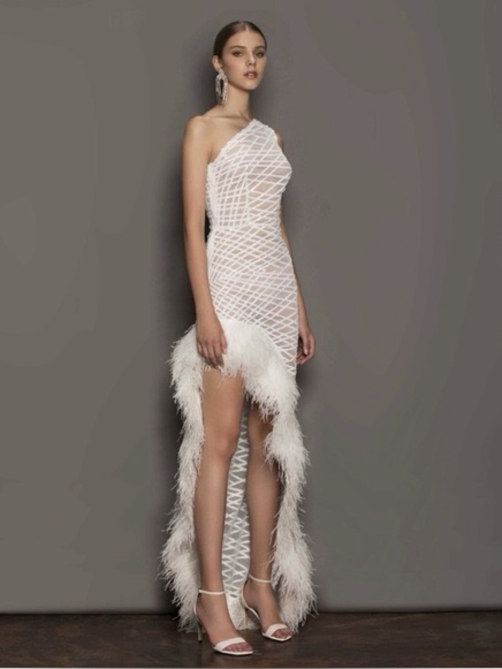 Bronx & Banco Lola Asymmetric Feather Gown In White Small